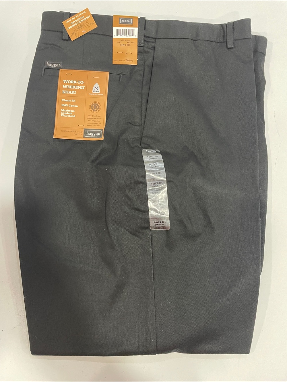 Men’s new Haggar work to weekend khaki black classic fit 44x30 maximum comfort